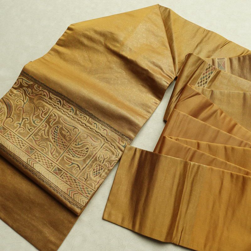 名古屋帯 太鼓柄 正絹 幾何学柄・抽象柄 名古屋仕立て なごや帯 リサイクル帯 帯 モダン 黄・黄土色_画像16