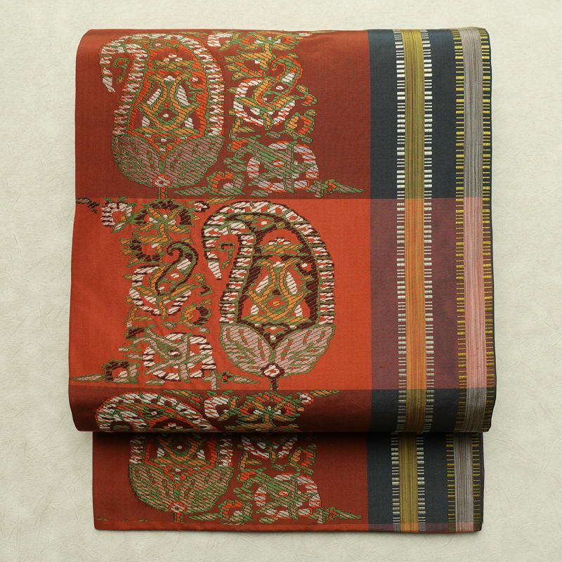 名古屋帯 六通柄 良品 正絹 幾何学柄・抽象柄 通し仕立て なごや帯 リサイクル帯 帯 モダン 橙_画像1