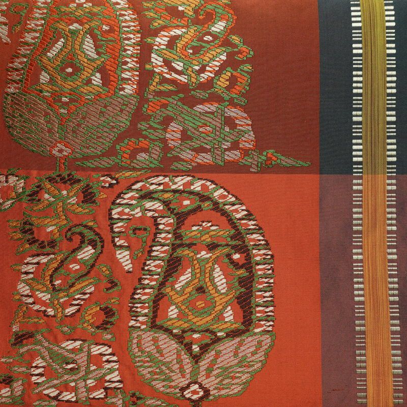 名古屋帯 六通柄 良品 正絹 幾何学柄・抽象柄 通し仕立て なごや帯 リサイクル帯 帯 モダン 橙_画像2