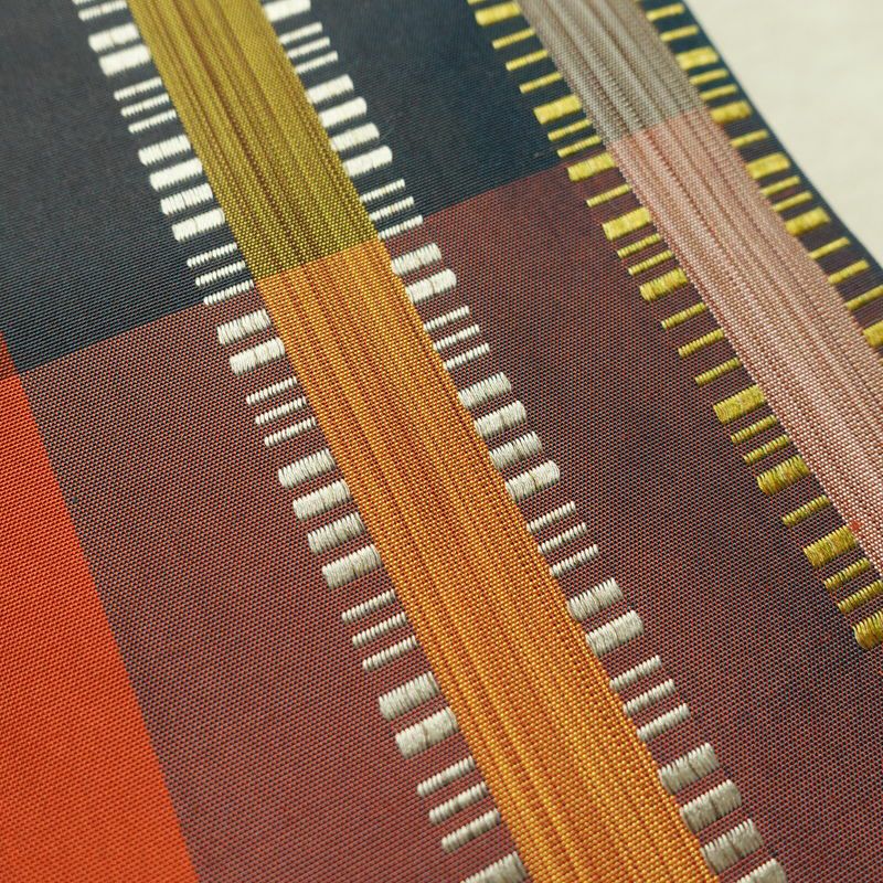 名古屋帯 六通柄 良品 正絹 幾何学柄・抽象柄 通し仕立て なごや帯 リサイクル帯 帯 モダン 橙_画像5