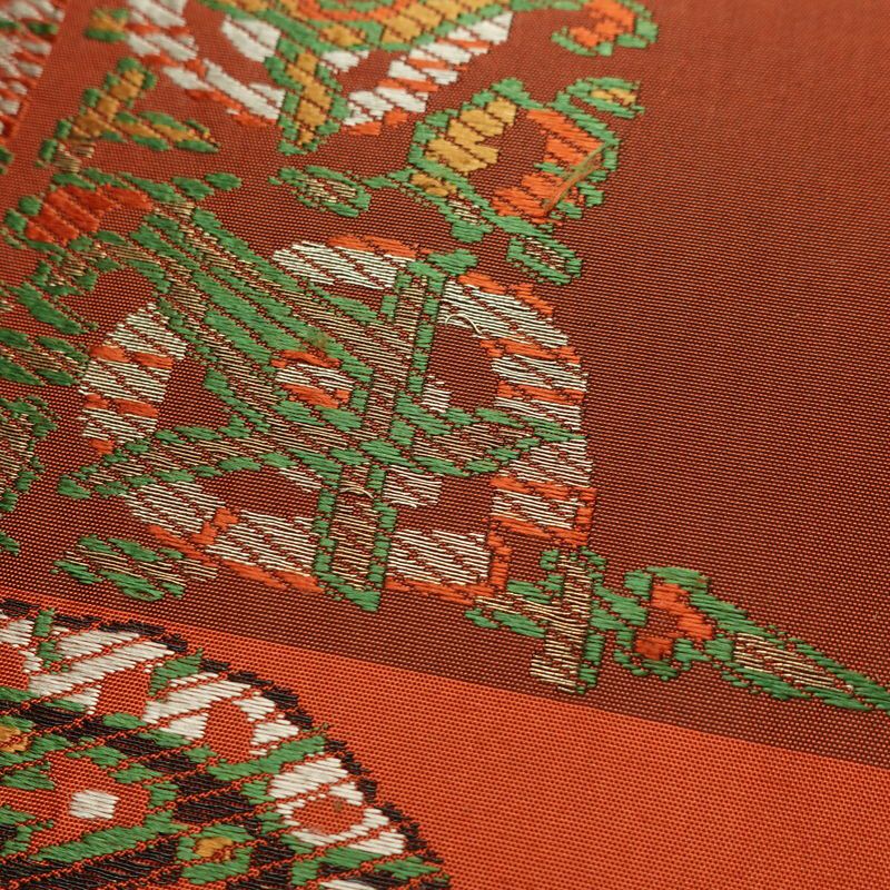 名古屋帯 六通柄 良品 正絹 幾何学柄・抽象柄 通し仕立て なごや帯 リサイクル帯 帯 モダン 橙_画像6