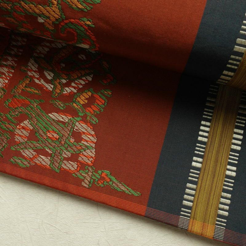 名古屋帯 六通柄 良品 正絹 幾何学柄・抽象柄 通し仕立て なごや帯 リサイクル帯 帯 モダン 橙_画像8