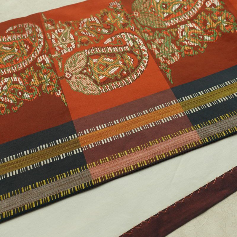 名古屋帯 六通柄 良品 正絹 幾何学柄・抽象柄 通し仕立て なごや帯 リサイクル帯 帯 モダン 橙_画像12