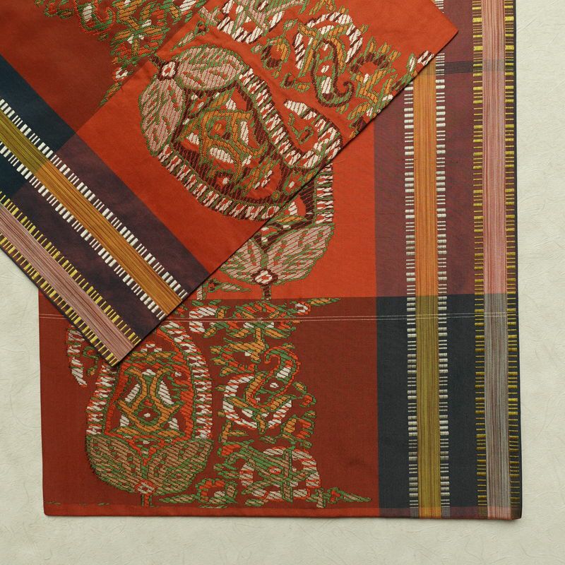 名古屋帯 六通柄 良品 正絹 幾何学柄・抽象柄 通し仕立て なごや帯 リサイクル帯 帯 モダン 橙_画像14