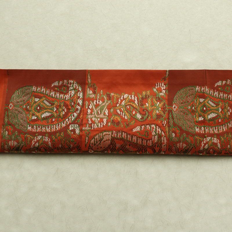 名古屋帯 六通柄 良品 正絹 幾何学柄・抽象柄 通し仕立て なごや帯 リサイクル帯 帯 モダン 橙_画像15