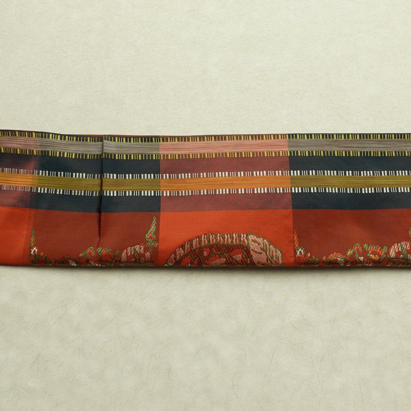 名古屋帯 六通柄 良品 正絹 幾何学柄・抽象柄 通し仕立て なごや帯 リサイクル帯 帯 モダン 橙_画像16