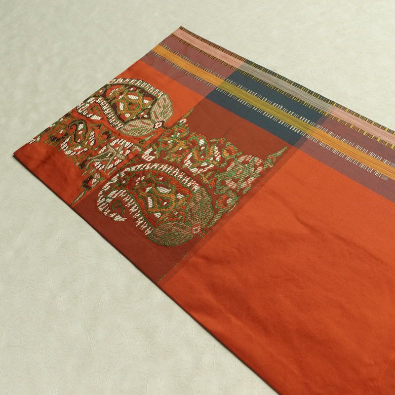 名古屋帯 六通柄 良品 正絹 幾何学柄・抽象柄 通し仕立て なごや帯 リサイクル帯 帯 モダン 橙_画像17