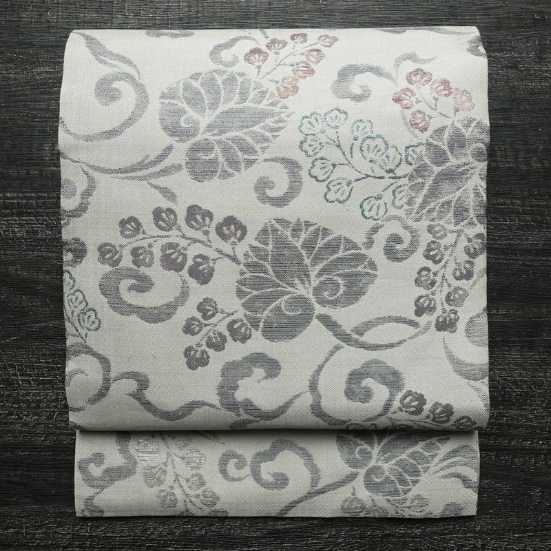 名古屋帯 六通柄 正絹 木の葉・植物柄 通し仕立て なごや帯 リサイクル帯 帯 グレー_画像1