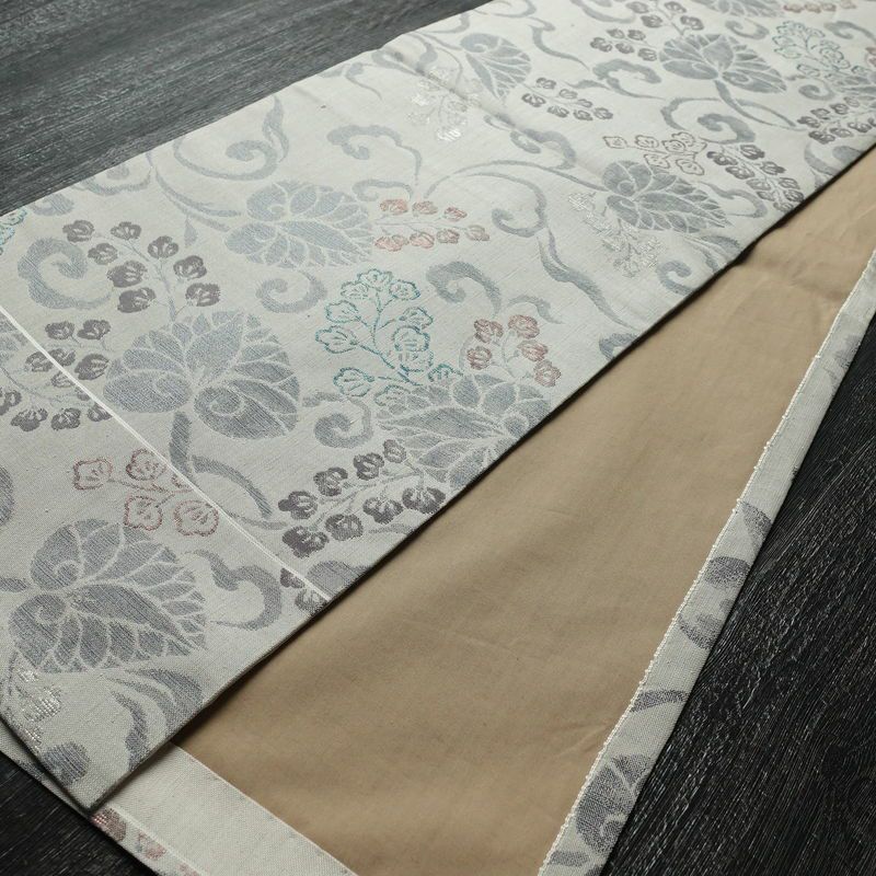 名古屋帯 六通柄 正絹 木の葉・植物柄 通し仕立て なごや帯 リサイクル帯 帯 グレー_画像9