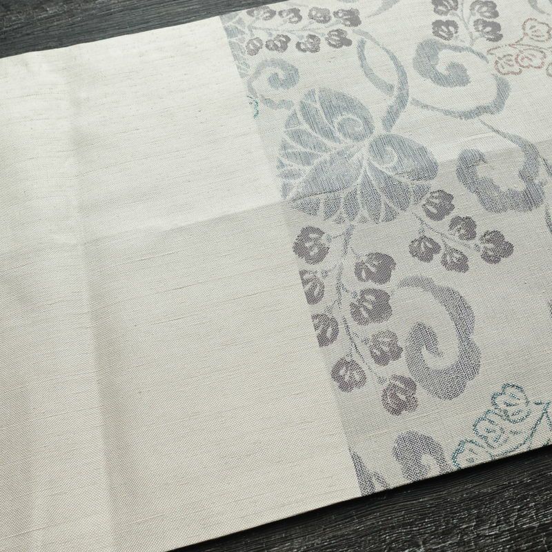 名古屋帯 六通柄 正絹 木の葉・植物柄 通し仕立て なごや帯 リサイクル帯 帯 グレー_画像16