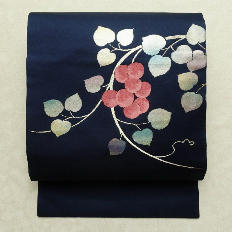 名古屋帯 太鼓柄 正絹 木の葉・植物柄 名古屋仕立て なごや帯 リサイクル帯 帯 箔 青・紺_画像1