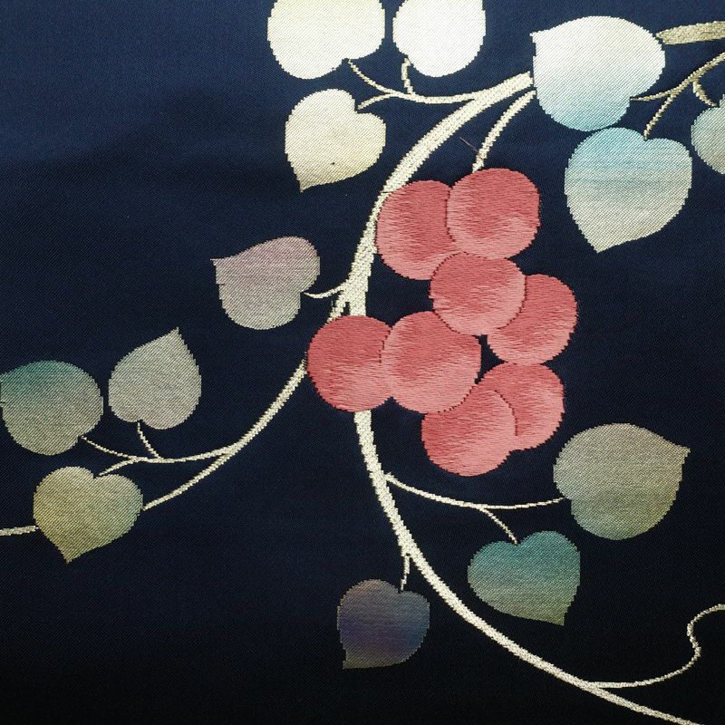 名古屋帯 太鼓柄 正絹 木の葉・植物柄 名古屋仕立て なごや帯 リサイクル帯 帯 箔 青・紺_画像2