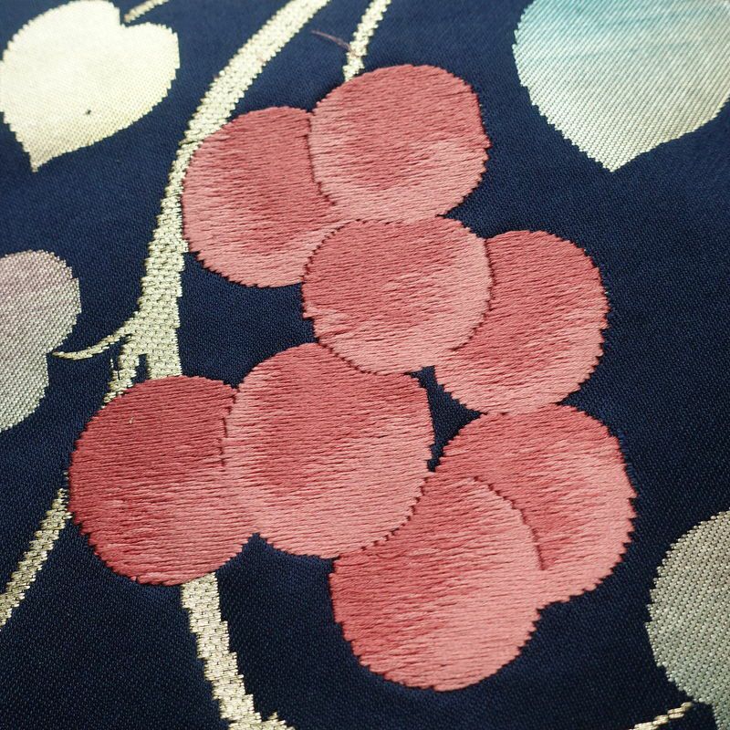 名古屋帯 太鼓柄 正絹 木の葉・植物柄 名古屋仕立て なごや帯 リサイクル帯 帯 箔 青・紺_画像3