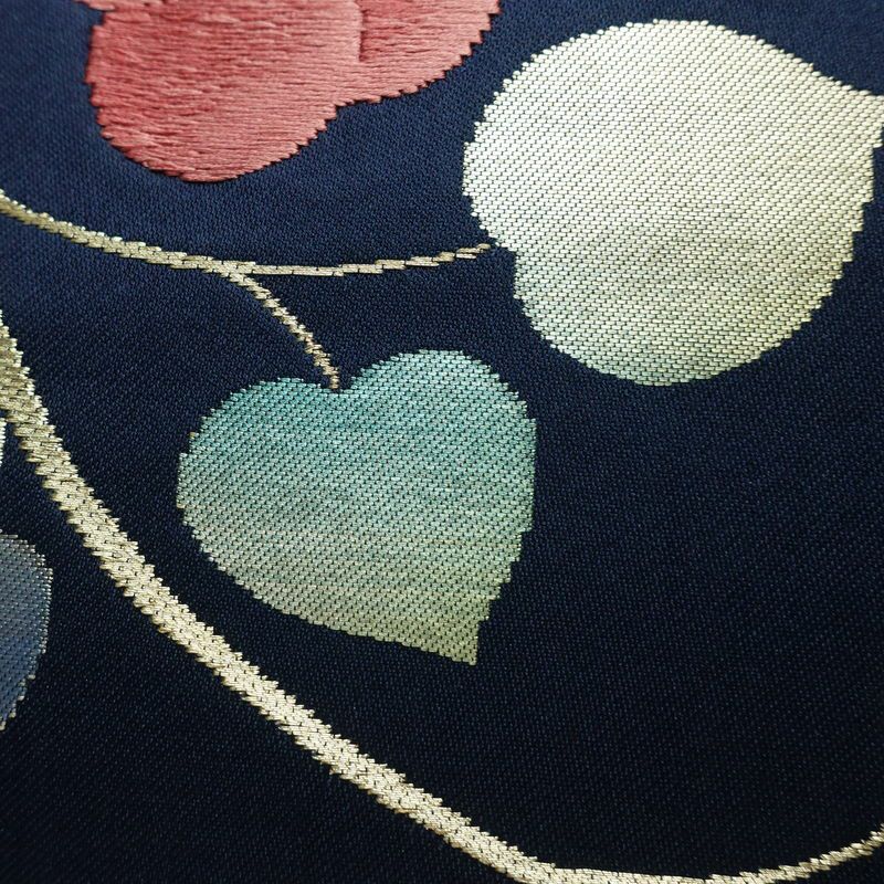 名古屋帯 太鼓柄 正絹 木の葉・植物柄 名古屋仕立て なごや帯 リサイクル帯 帯 箔 青・紺_画像4