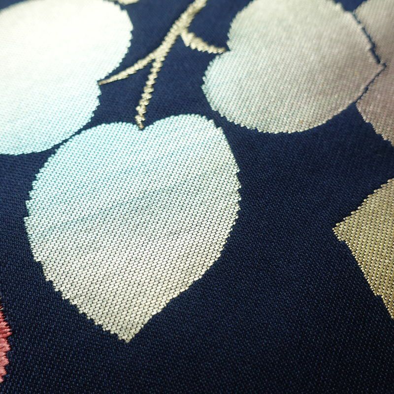 名古屋帯 太鼓柄 正絹 木の葉・植物柄 名古屋仕立て なごや帯 リサイクル帯 帯 箔 青・紺_画像5