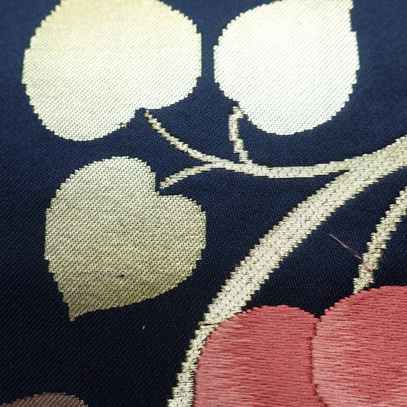 名古屋帯 太鼓柄 正絹 木の葉・植物柄 名古屋仕立て なごや帯 リサイクル帯 帯 箔 青・紺_画像6