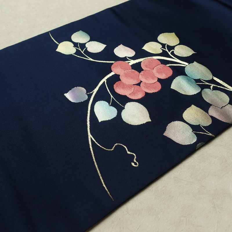 名古屋帯 太鼓柄 正絹 木の葉・植物柄 名古屋仕立て なごや帯 リサイクル帯 帯 箔 青・紺_画像12