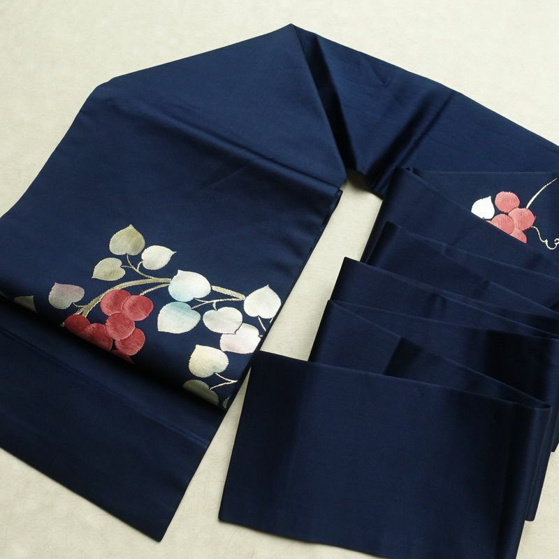 名古屋帯 太鼓柄 正絹 木の葉・植物柄 名古屋仕立て なごや帯 リサイクル帯 帯 箔 青・紺_画像18