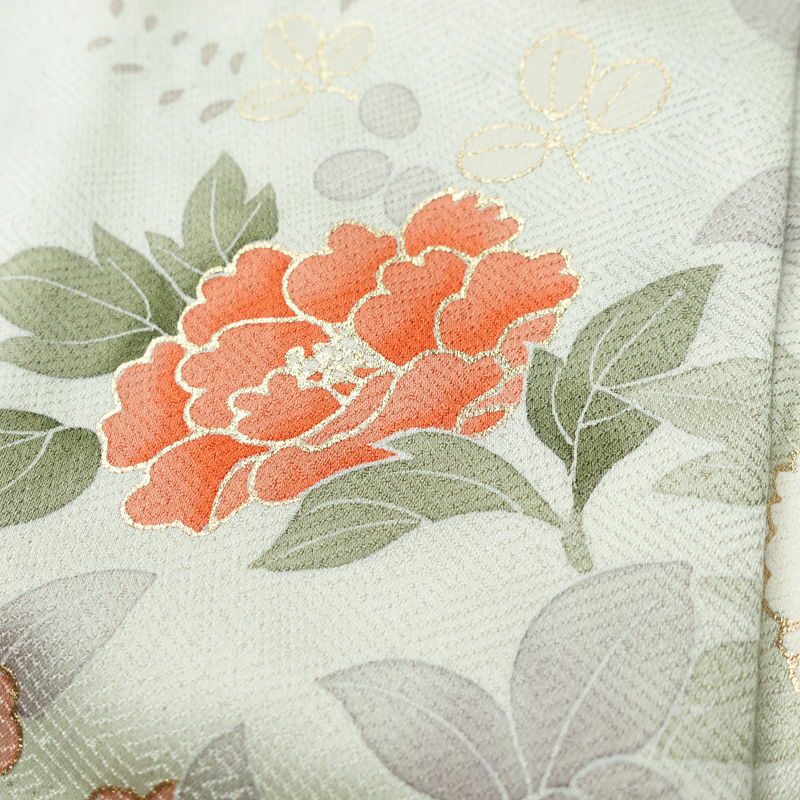 訪問着 しつけ糸付き 相良刺繍 綸子 正絹 花柄 袷仕立て 身丈164cm 裄丈65cm リサイクル着物 着物 箔 金彩 入学式 卒業式 結婚式 七五三 お宮参り フォーマル 菊 緑・うぐいす色_画像9