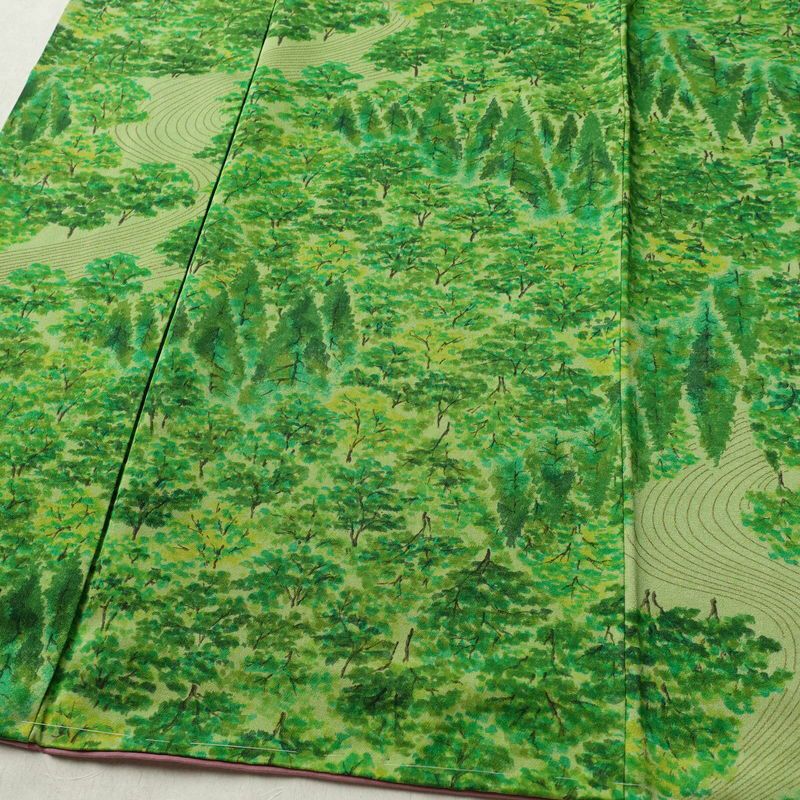 小紋 付下小紋 良品 しつけ糸付き 正絹 風景柄 袷仕立て 身丈156cm 裄丈62.5cm リサイクル着物 着物 緑・うぐいす色_画像4
