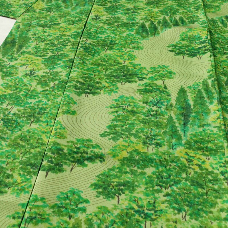 小紋 付下小紋 良品 しつけ糸付き 正絹 風景柄 袷仕立て 身丈156cm 裄丈62.5cm リサイクル着物 着物 緑・うぐいす色_画像5