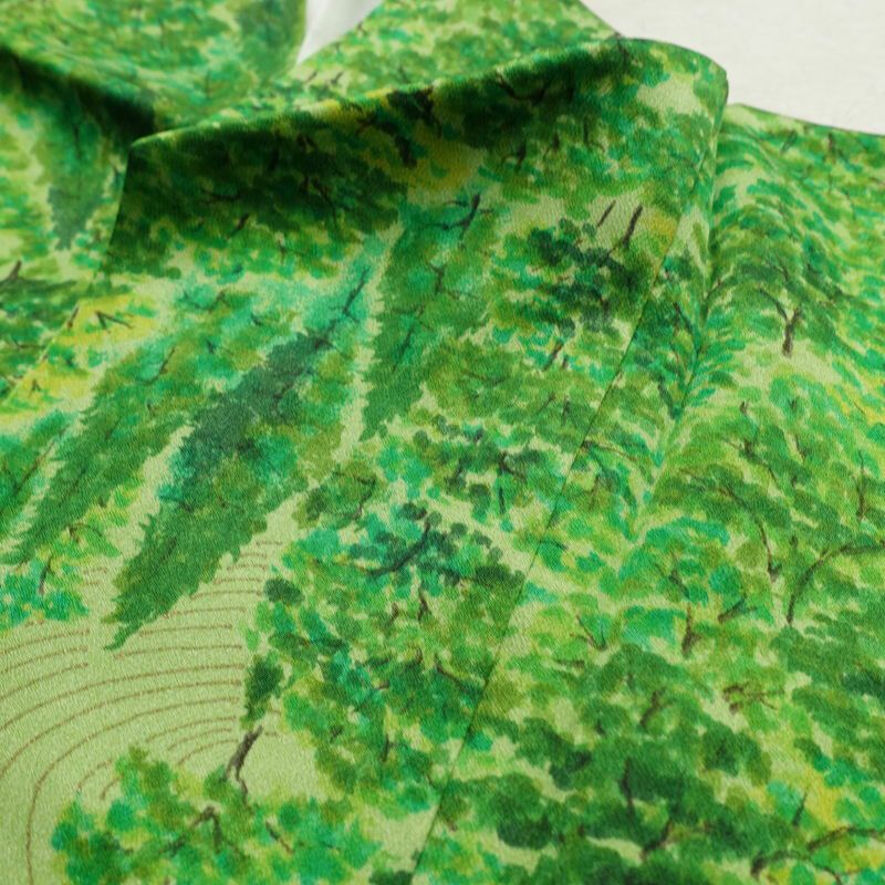 小紋 付下小紋 良品 しつけ糸付き 正絹 風景柄 袷仕立て 身丈156cm 裄丈62.5cm リサイクル着物 着物 緑・うぐいす色_画像18