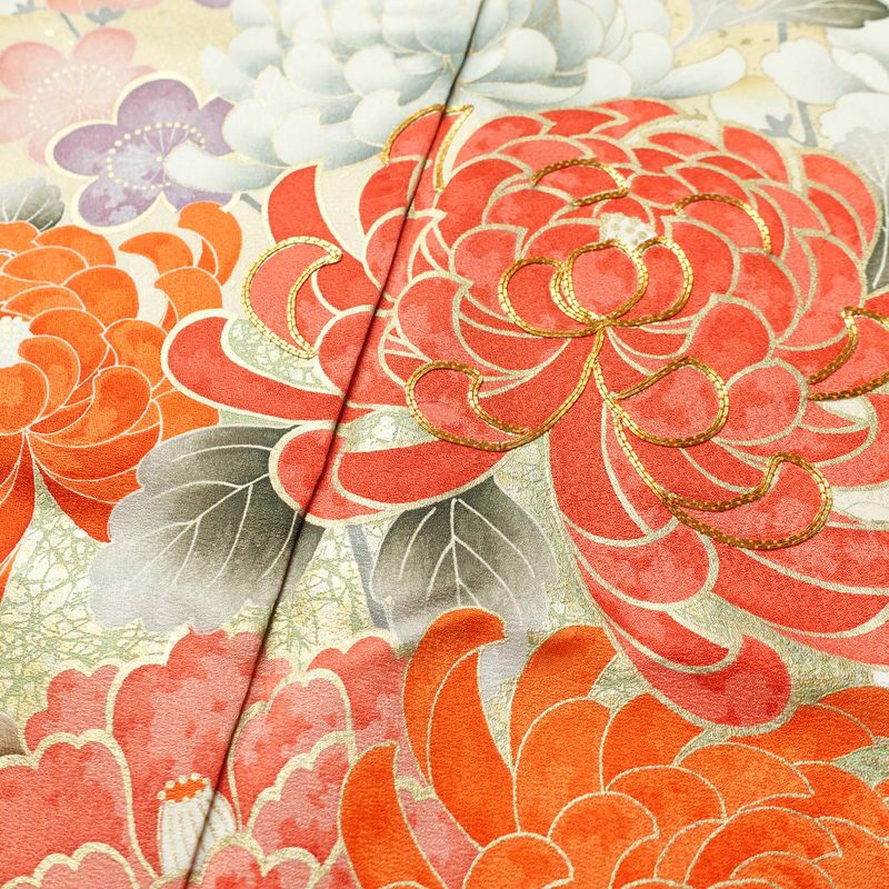 振袖 良品 金駒刺繍 正絹 花柄 袷仕立て 身丈164cm 裄丈68cm リサイクル着物 着物 箔 金彩 成人式 二十歳 二十歳の集い パーティー フォーマル 華やか 梅 萩 菊 ミントグリーン 緑・うぐいす色_画像7