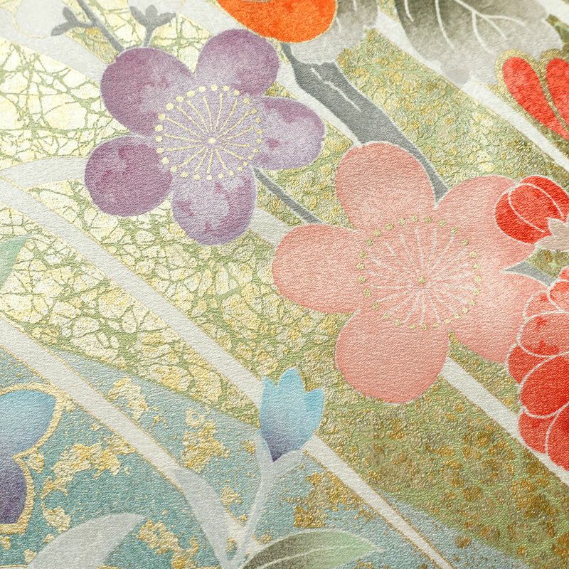 振袖 良品 金駒刺繍 正絹 花柄 袷仕立て 身丈164cm 裄丈68cm リサイクル着物 着物 箔 金彩 成人式 二十歳 二十歳の集い パーティー フォーマル 華やか 梅 萩 菊 ミントグリーン 緑・うぐいす色_画像9