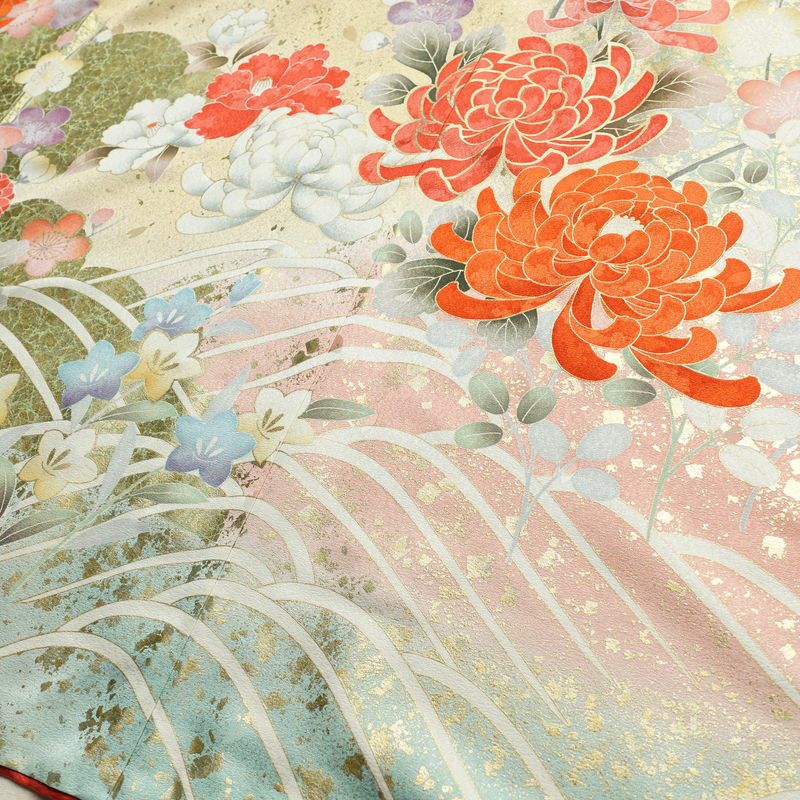振袖 良品 金駒刺繍 正絹 花柄 袷仕立て 身丈164cm 裄丈68cm リサイクル着物 着物 箔 金彩 成人式 二十歳 二十歳の集い パーティー フォーマル 華やか 梅 萩 菊 ミントグリーン 緑・うぐいす色_画像11
