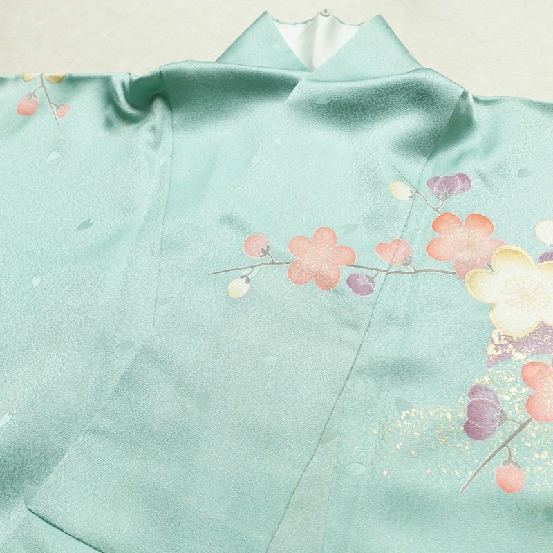 振袖 良品 金駒刺繍 正絹 花柄 袷仕立て 身丈164cm 裄丈68cm リサイクル着物 着物 箔 金彩 成人式 二十歳 二十歳の集い パーティー フォーマル 華やか 梅 萩 菊 ミントグリーン 緑・うぐいす色_画像16