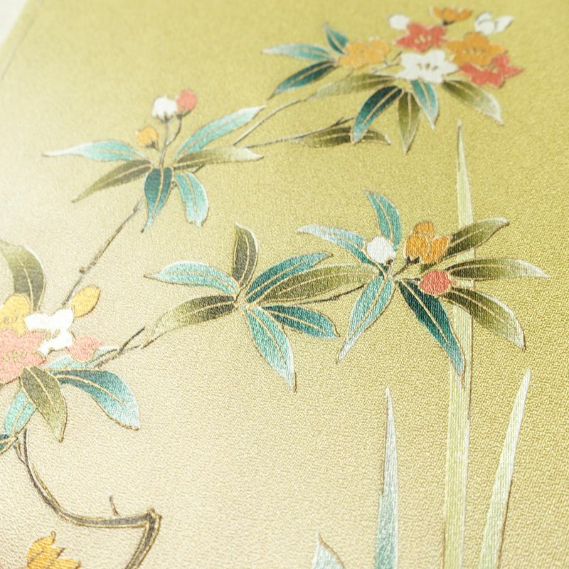 訪問着 美品 しつけ糸付き 正絹 木の葉・植物柄 袷仕立て 身丈157cm 裄丈64.5cm リサイクル着物 着物 箔 金彩 入学式 卒業式 七五三 お宮参り フォーマル 黄・黄土色_画像8