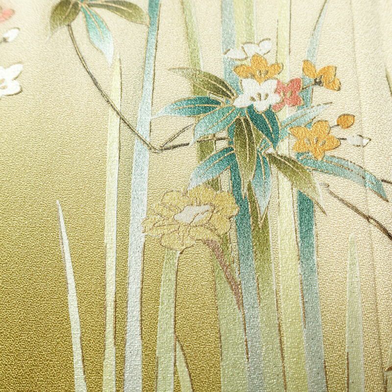訪問着 美品 しつけ糸付き 正絹 木の葉・植物柄 袷仕立て 身丈157cm 裄丈64.5cm リサイクル着物 着物 箔 金彩 入学式 卒業式 七五三 お宮参り フォーマル 黄・黄土色_画像9