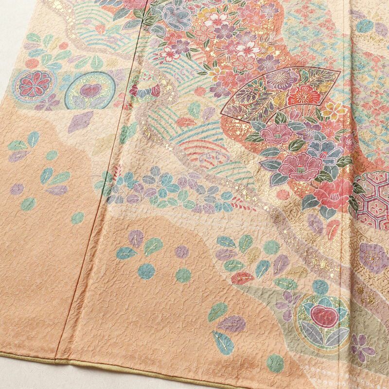訪問着 美品 ふくれ織 正絹 古典柄 袷仕立て 身丈161cm 裄丈67cm リサイクル着物 一部しつけ糸付き 着物 箔 入学式 卒業式 七五三 お宮参り フォーマル ベージュ_画像4