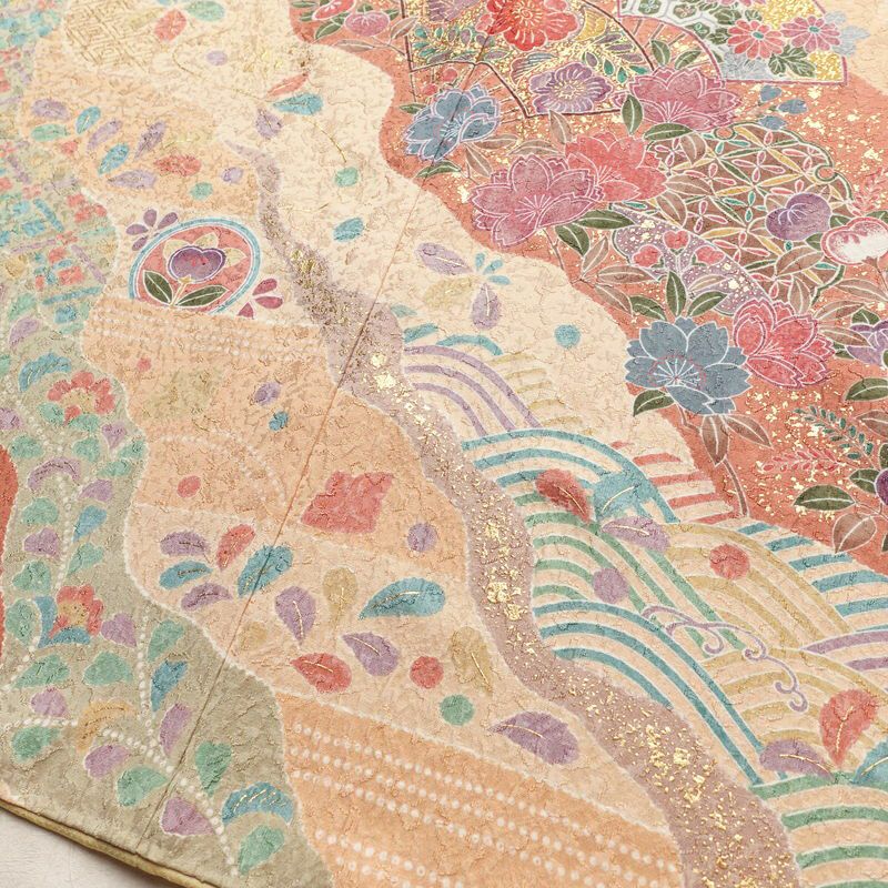 訪問着 美品 ふくれ織 正絹 古典柄 袷仕立て 身丈161cm 裄丈67cm リサイクル着物 一部しつけ糸付き 着物 箔 入学式 卒業式 七五三 お宮参り フォーマル ベージュ_画像14
