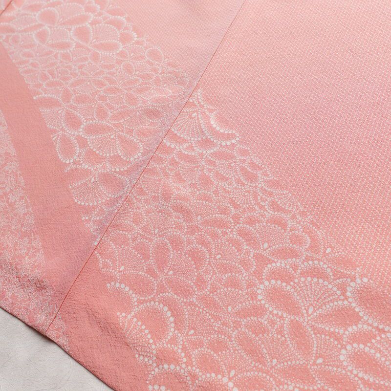 単衣 付下 美品 坂口幸市 落款入り 縮緬 正絹 古典柄 単衣仕立て 身丈162cm 裄丈66.5cm リサイクル着物 着物 ピンク_画像13