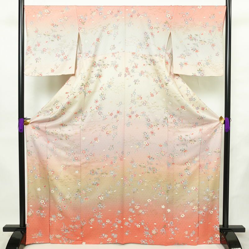 単衣 訪問着 良品 正絹 花柄 単衣仕立て 身丈168.5cm 裄丈68cm リサイクル着物 一部しつけ糸付き 着物 箔 ピンク_画像1