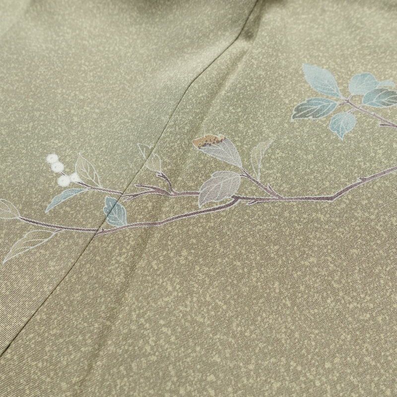訪問着 縮緬 一つ紋付き 正絹 木の葉・植物柄 袷仕立て 身丈157cm 裄丈67.5cm リサイクル着物 着物 共八掛 入学式 卒業式 七五三 お宮参り フォーマル 上品 緑・うぐいす色_画像17