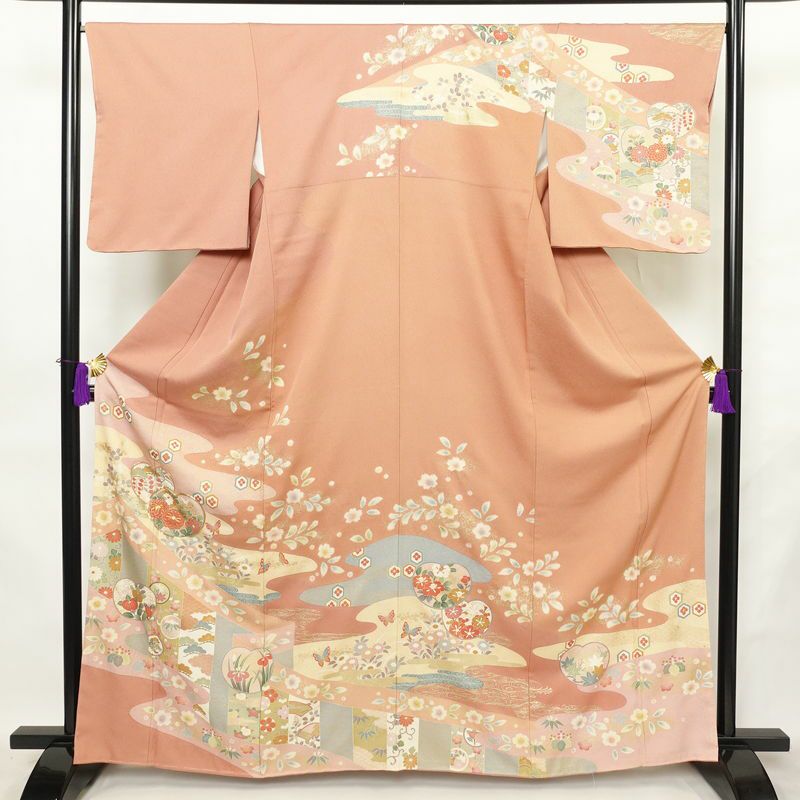 訪問着 良品 しつけ糸付き 金駒刺繍 正絹 古典柄 袷仕立て 身丈164cm 裄丈66cm リサイクル着物 着物 箔 入学式 結婚式 七五三 パーティー お宮参り フォーマル ピンク_画像1