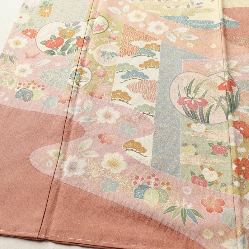 訪問着 良品 しつけ糸付き 金駒刺繍 正絹 古典柄 袷仕立て 身丈164cm 裄丈66cm リサイクル着物 着物 箔 入学式 結婚式 七五三 パーティー お宮参り フォーマル ピンク_画像4