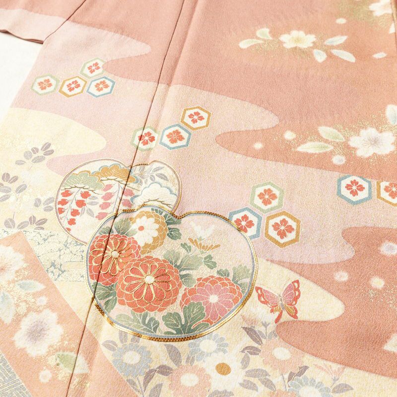 訪問着 良品 しつけ糸付き 金駒刺繍 正絹 古典柄 袷仕立て 身丈164cm 裄丈66cm リサイクル着物 着物 箔 入学式 結婚式 七五三 パーティー お宮参り フォーマル ピンク_画像5