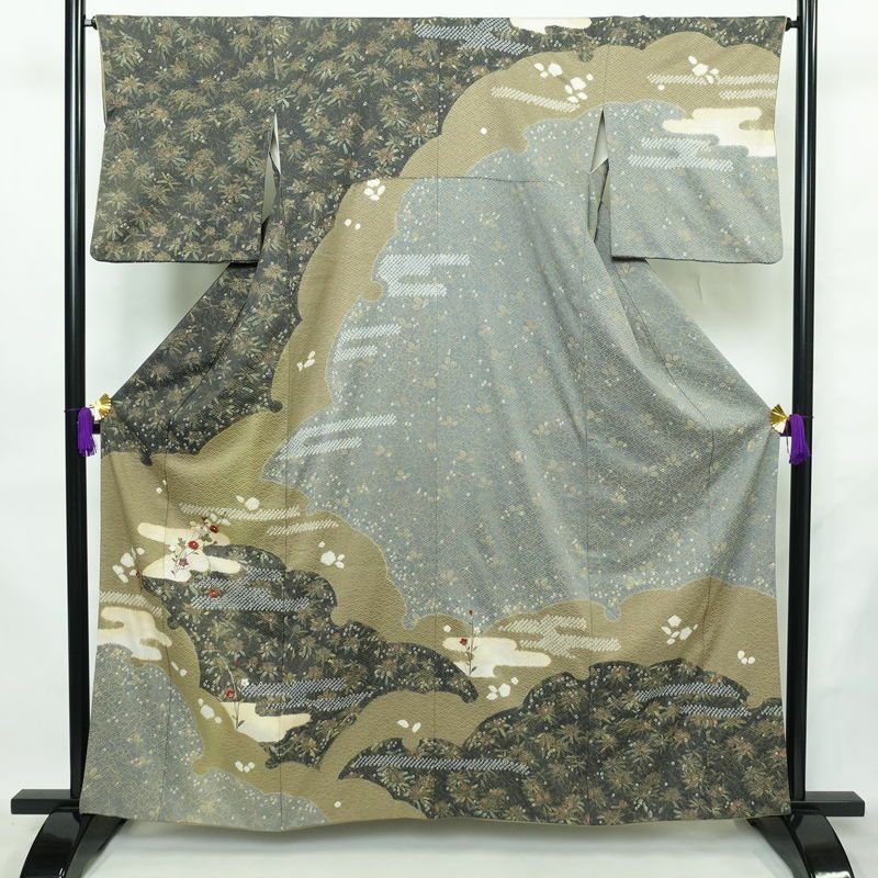 訪問着 良品 絞り 正絹 木の葉・植物柄 袷仕立て 身丈161cm 裄丈65cm リサイクル着物 着物 刺繍 金彩 入学式 卒業式 七五三 パーティー フォーマル ブルーグレー グレー_画像1