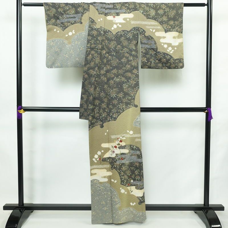 訪問着 良品 絞り 正絹 木の葉・植物柄 袷仕立て 身丈161cm 裄丈65cm リサイクル着物 着物 刺繍 金彩 入学式 卒業式 七五三 パーティー フォーマル ブルーグレー グレー_画像2
