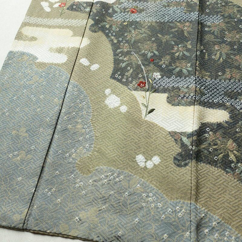 訪問着 良品 絞り 正絹 木の葉・植物柄 袷仕立て 身丈161cm 裄丈65cm リサイクル着物 着物 刺繍 金彩 入学式 卒業式 七五三 パーティー フォーマル ブルーグレー グレー_画像4