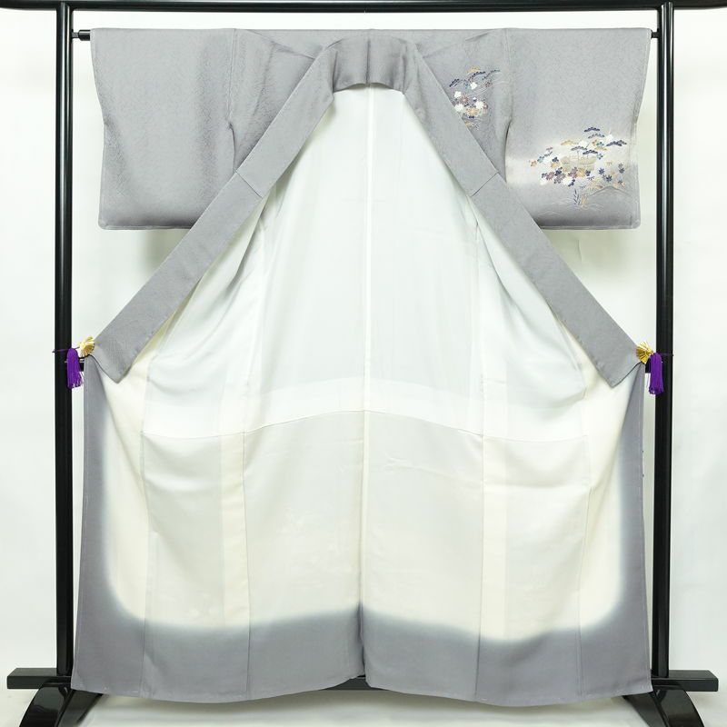 付け下げ 美品 しつけ糸付き 正絹 風景柄 袷仕立て 身丈159cm 裄丈65cm リサイクル着物 着物 入学式 卒業式 七五三 お宮参り くすみブルー フォーマル 青・紺_画像3