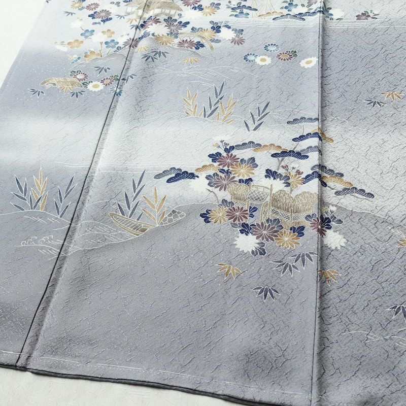 付け下げ 美品 しつけ糸付き 正絹 風景柄 袷仕立て 身丈159cm 裄丈65cm リサイクル着物 着物 入学式 卒業式 七五三 お宮参り くすみブルー フォーマル 青・紺_画像4