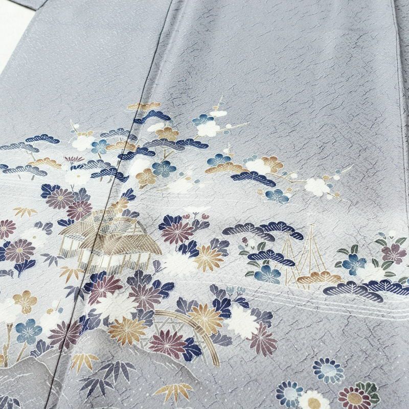 付け下げ 美品 しつけ糸付き 正絹 風景柄 袷仕立て 身丈159cm 裄丈65cm リサイクル着物 着物 入学式 卒業式 七五三 お宮参り くすみブルー フォーマル 青・紺_画像5