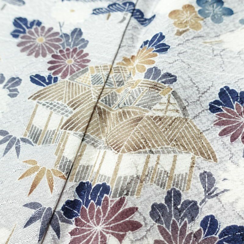 付け下げ 美品 しつけ糸付き 正絹 風景柄 袷仕立て 身丈159cm 裄丈65cm リサイクル着物 着物 入学式 卒業式 七五三 お宮参り くすみブルー フォーマル 青・紺_画像7