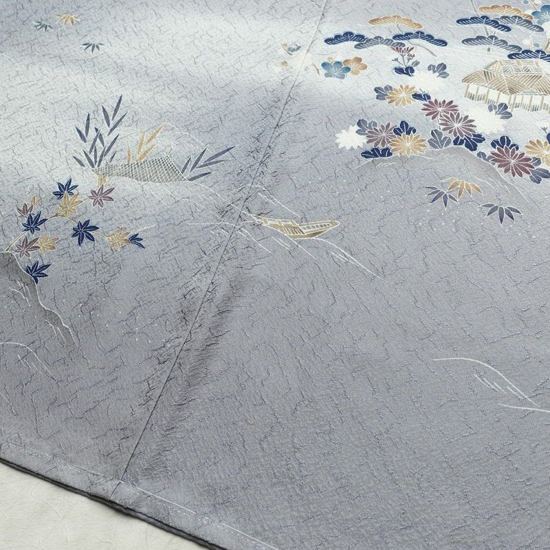 付け下げ 美品 しつけ糸付き 正絹 風景柄 袷仕立て 身丈159cm 裄丈65cm リサイクル着物 着物 入学式 卒業式 七五三 お宮参り くすみブルー フォーマル 青・紺_画像13