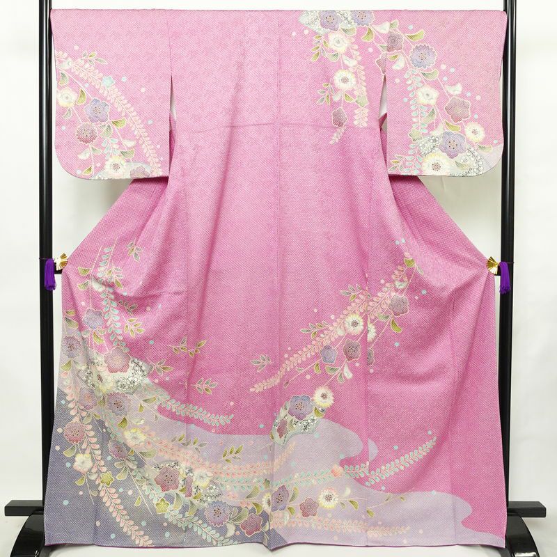 訪問着 美品 しつけ糸付き 絞り 総絞り 正絹 花柄 袷仕立て 身丈167.5cm 裄丈68.5cm リサイクル着物 着物 箔 入学式 結婚式 パーティー フォーマル 華やか 紫・藤色_画像1