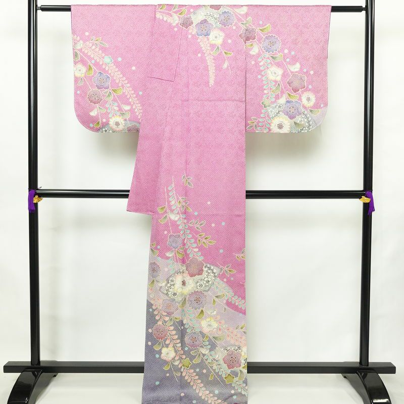 訪問着 美品 しつけ糸付き 絞り 総絞り 正絹 花柄 袷仕立て 身丈167.5cm 裄丈68.5cm リサイクル着物 着物 箔 入学式 結婚式 パーティー フォーマル 華やか 紫・藤色_画像2